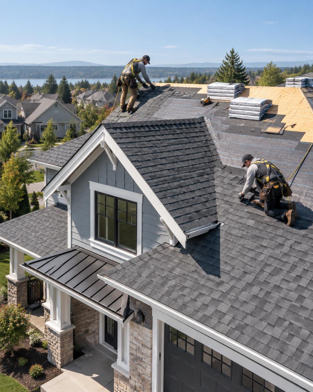Roofing professionals installing shingles on an American home